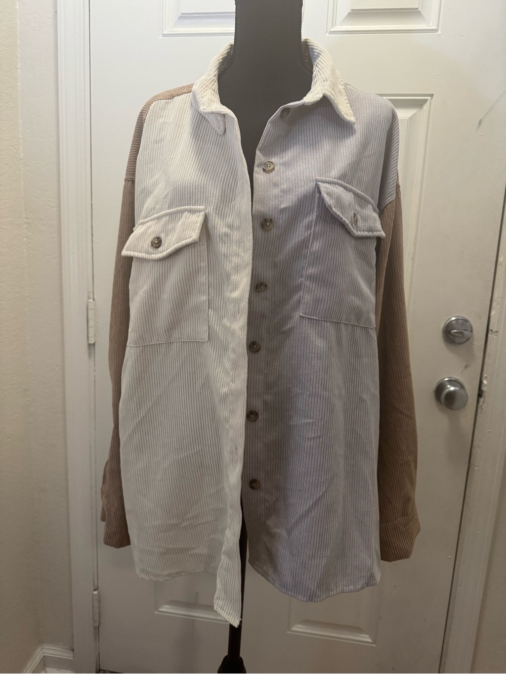 She + Sky Two-Tone Corduroy Shacket in Cream and Taupe